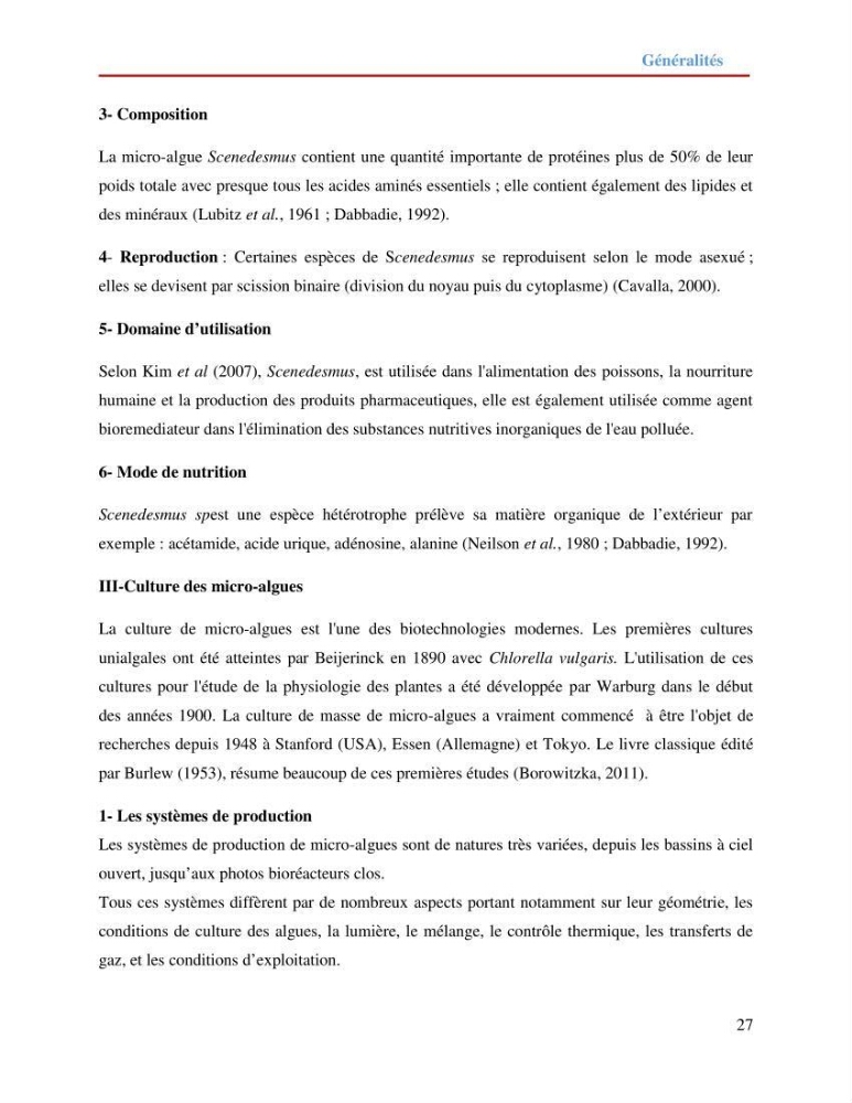 Contribution à la mise en culture des micro-algues ( Chlorella sp et Scenedemus sp): Identification, purification et culture en batch