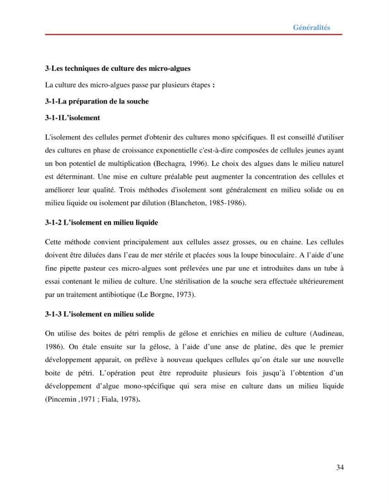 Contribution à la mise en culture des micro-algues ( Chlorella sp et Scenedemus sp): Identification, purification et culture en batch