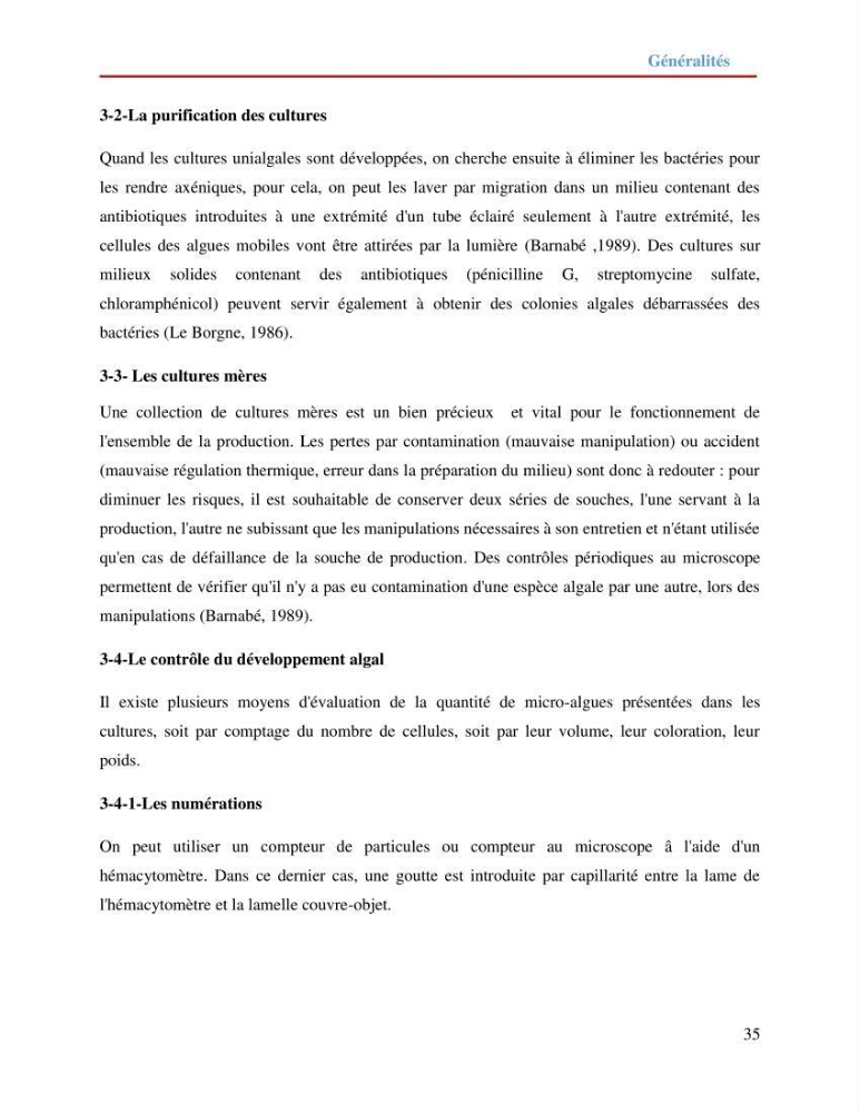 Contribution à la mise en culture des micro-algues ( Chlorella sp et Scenedemus sp): Identification, purification et culture en batch