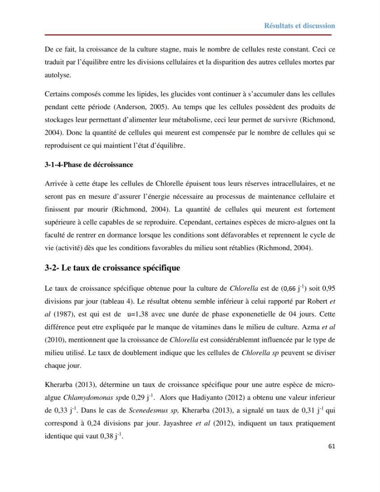Contribution à la mise en culture des micro-algues ( Chlorella sp et Scenedemus sp): Identification, purification et culture en batch