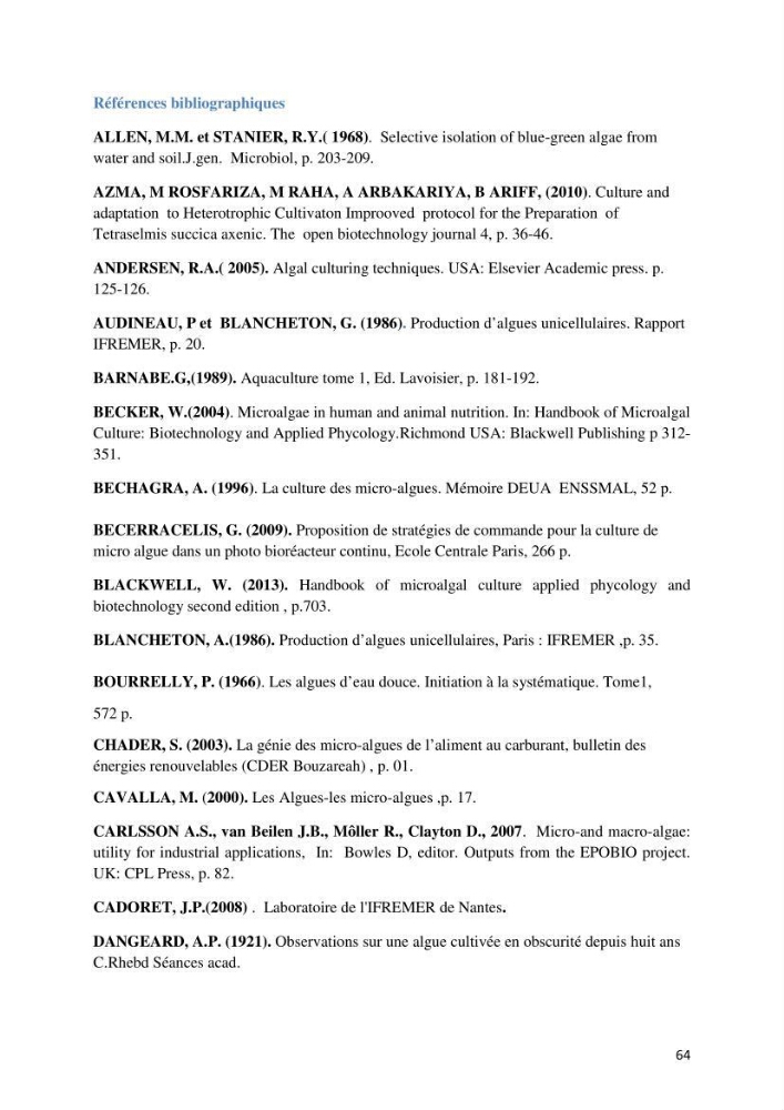 Contribution à la mise en culture des micro-algues ( Chlorella sp et Scenedemus sp): Identification, purification et culture en batch