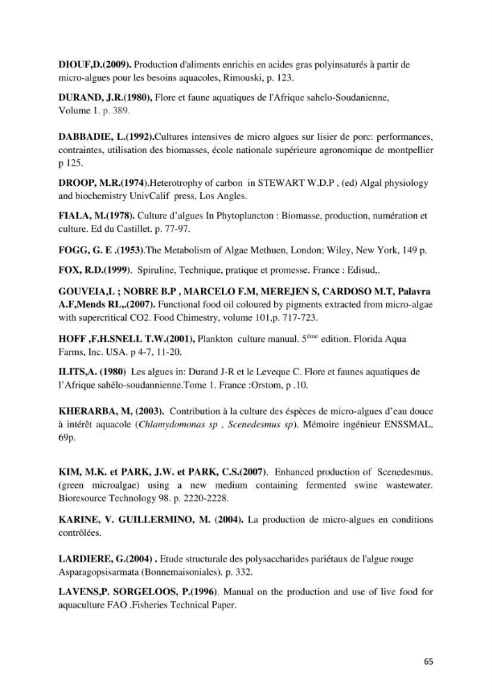 Contribution à la mise en culture des micro-algues ( Chlorella sp et Scenedemus sp): Identification, purification et culture en batch