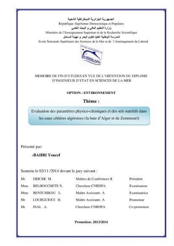 Evaluation des paramètres physico-chimiques et des sels nutritifs dans les eaux côtières algéroises (la baie d'Alger et de Zemmouri): Evaluation des paramètres physico-chimiques et des sels nutritifs dans les eaux côtières algéroises (la baie d'Alger et de Zemmouri):