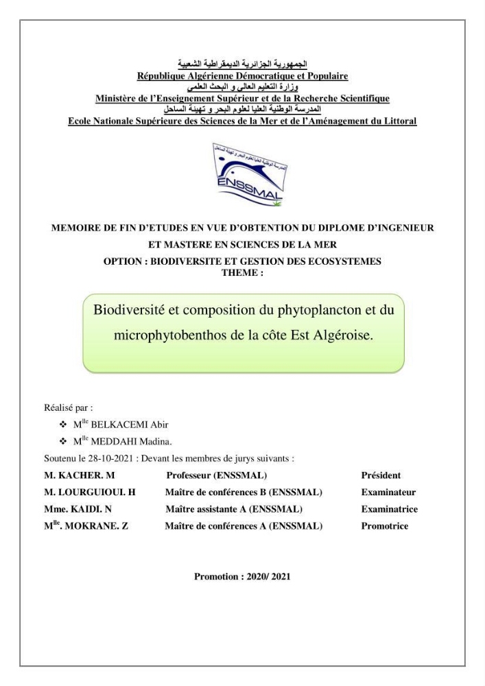 Biodiversité et composition du phytoplancton et du microphytobenthos de la côte Est Algéroise
