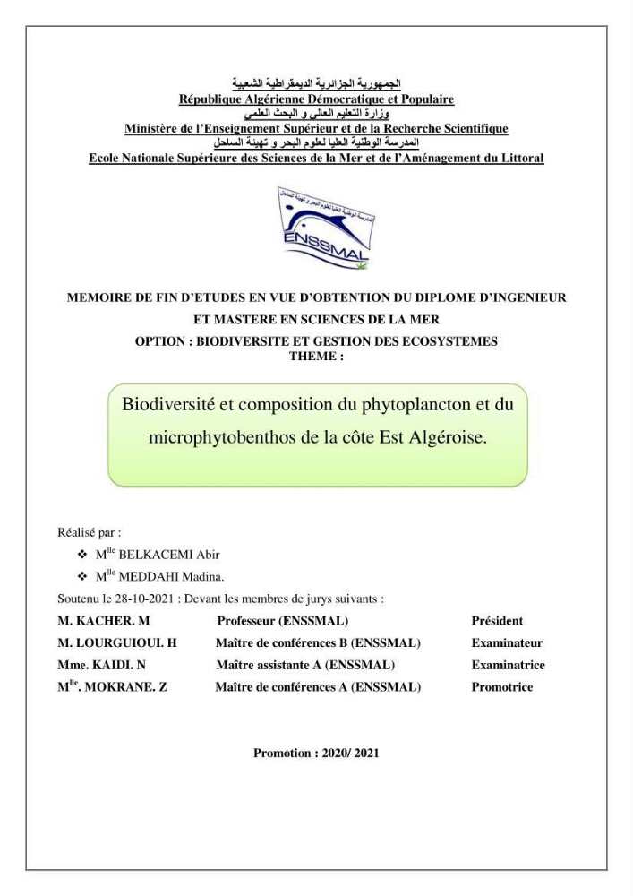 Biodiversité et composition du phytoplancton et du microphytobenthos de la côte Est Algéroise