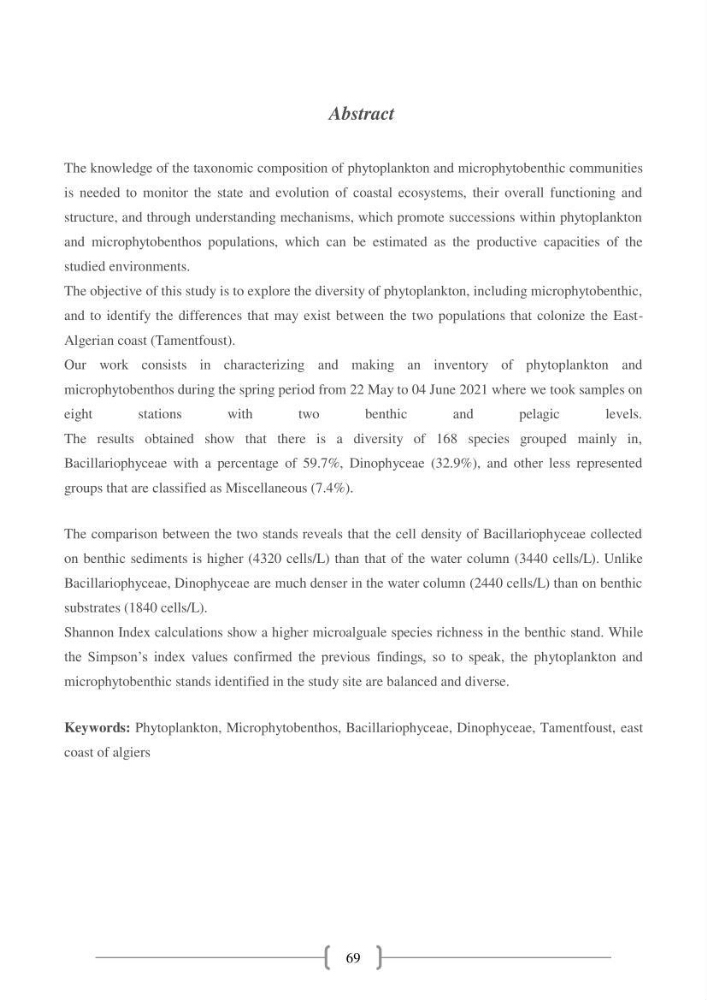 Biodiversité et composition du phytoplancton et du microphytobenthos de la côte Est Algéroise