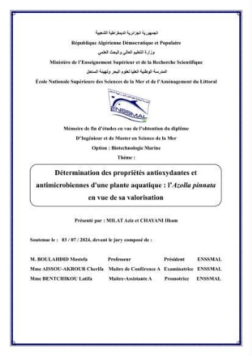 Détermination des propriétés antioxydantes et antimicrobiennes d'une plante aquatique l’Azolla pinnata en vue de sa valorisation Détermination des propriétés antioxydantes et antimicrobiennes d'une plante aquatique l’Azolla pinnata en vue de sa valorisation