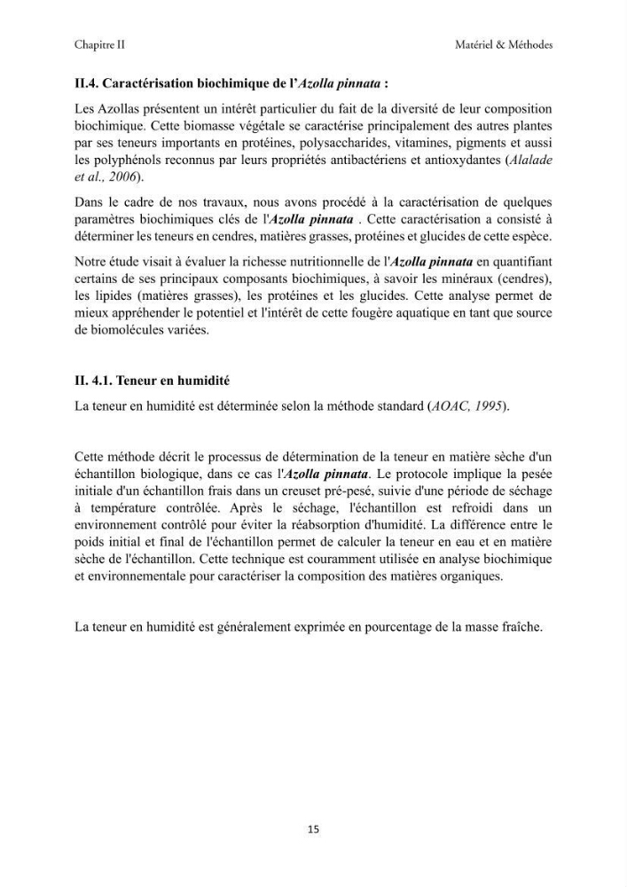 Détermination des propriétés antioxydantes et antimicrobiennes d\'une plante aquatique l’Azolla pinnata en vue de sa valorisation