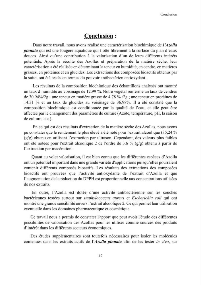Détermination des propriétés antioxydantes et antimicrobiennes d\'une plante aquatique l’Azolla pinnata en vue de sa valorisation