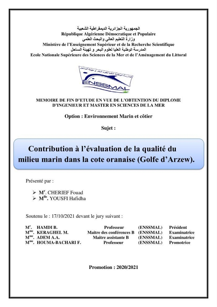 Contribution à l’évaluation de la qualité du milieu marin dans la cote oranaise (Golfe d’Arzew).: