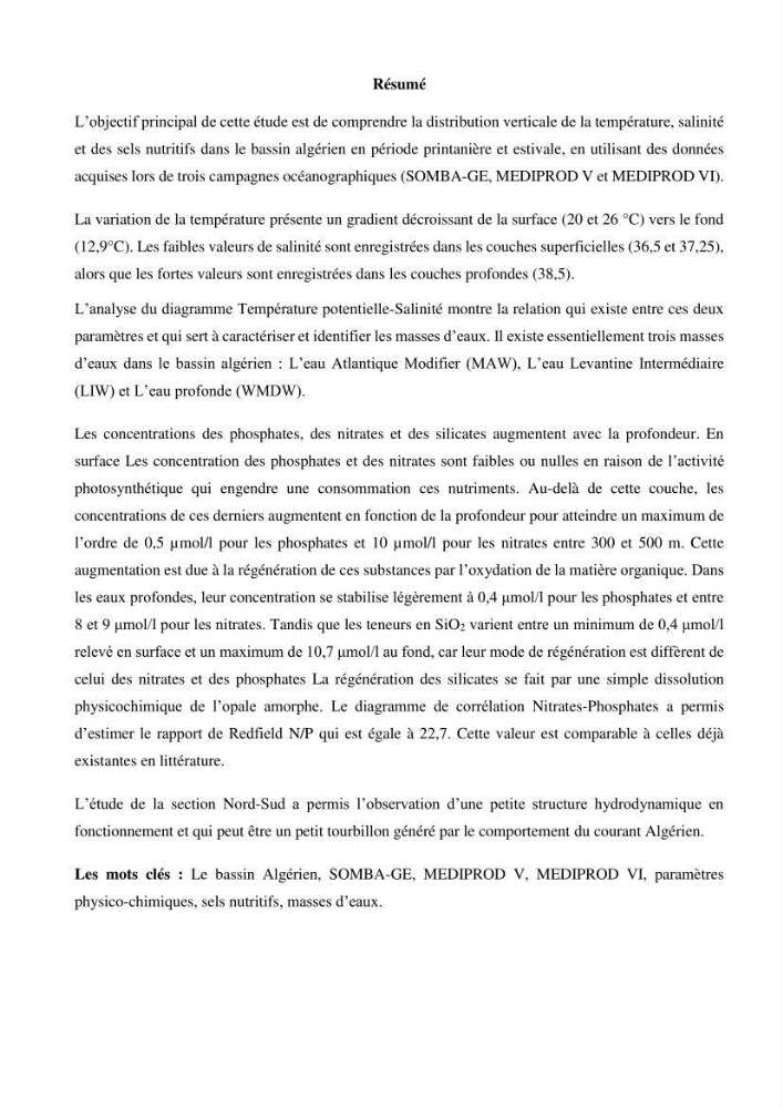 Les conditions physicochimiques au large des côtes centrales algériennes: contribution à l’étude des structures hydrologiques