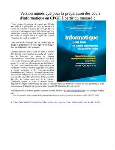 Informatique pour tous en classes préparatoires aux grandes écoles: Manuel d'algorithmique et programmation structurée avec Python, Nouveaux programmes 2013, Voies MP, PC, PSI, PT, TPC et TSI Informatique pour tous en classes préparatoires aux grandes écoles: Manuel d'algorithmique et programmation structurée avec Python, Nouveaux programmes 2013, Voies MP, PC, PSI, PT, TPC et TSI