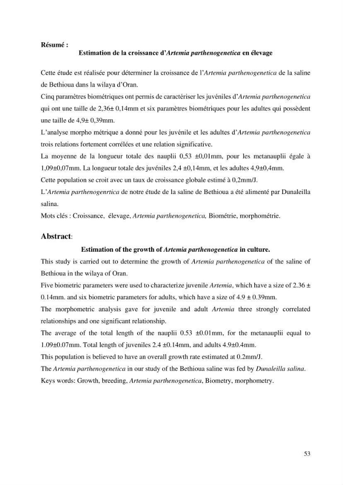 Estimation de la croissance d’Artemia salina en élevage