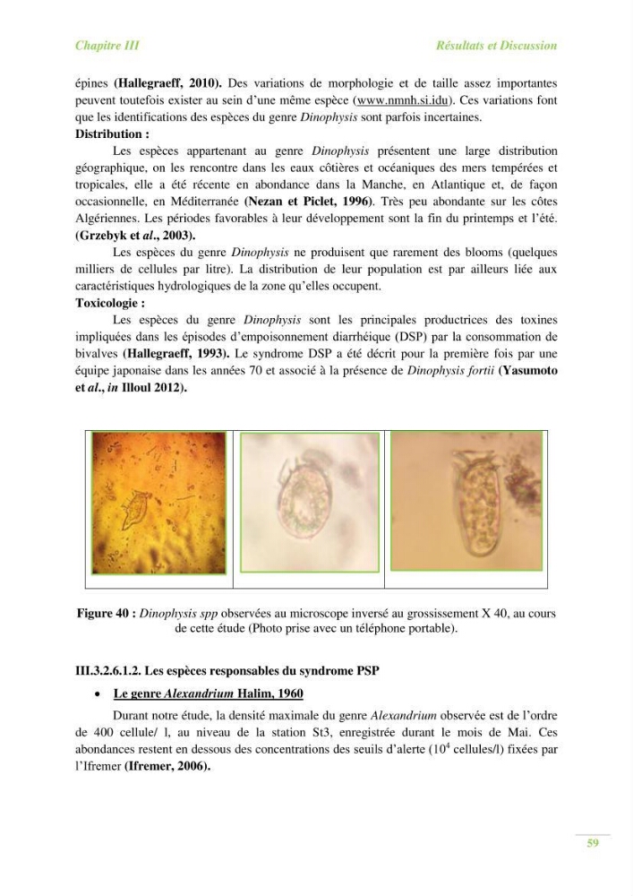 Contribution a l\'étude du phytoplancton toxique et/ou nuisible au niveau d\'une ferme conchylicole: cas de la ferme \"Orcamarine\" Ain Taya