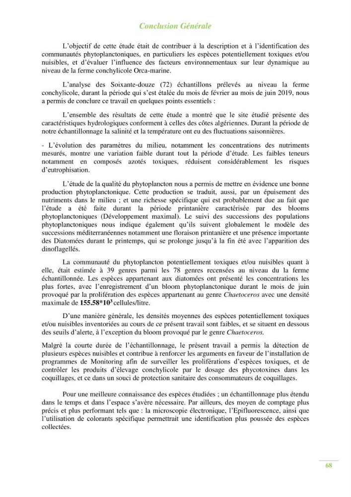 Contribution a l\'étude du phytoplancton toxique et/ou nuisible au niveau d\'une ferme conchylicole: cas de la ferme \"Orcamarine\" Ain Taya