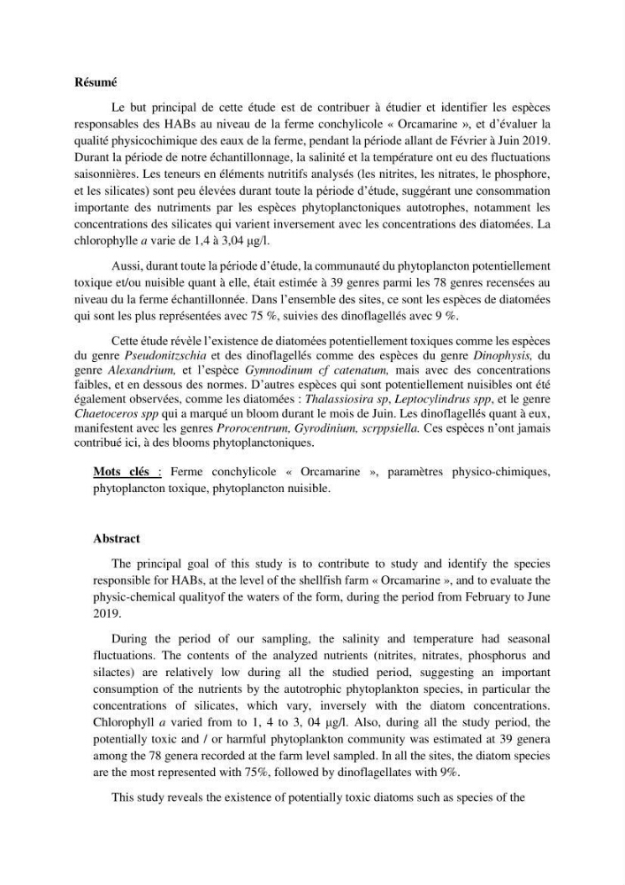 Contribution a l\'étude du phytoplancton toxique et/ou nuisible au niveau d\'une ferme conchylicole: cas de la ferme \"Orcamarine\" Ain Taya