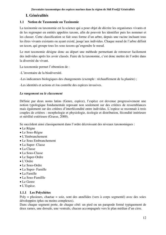 Inventaire taxonomique des espèces marines de la région du Sidi Fredj: