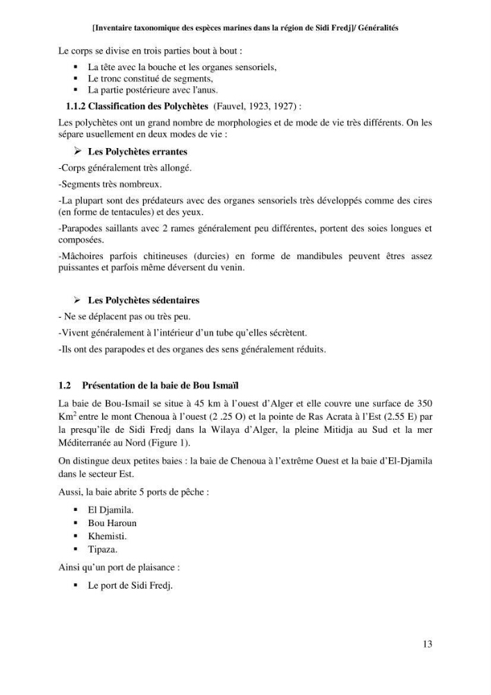 Inventaire taxonomique des espèces marines de la région du Sidi Fredj: