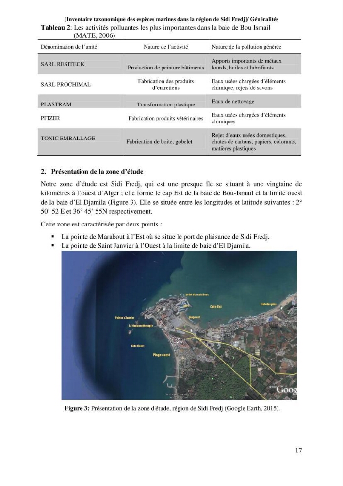 Inventaire taxonomique des espèces marines de la région du Sidi Fredj: