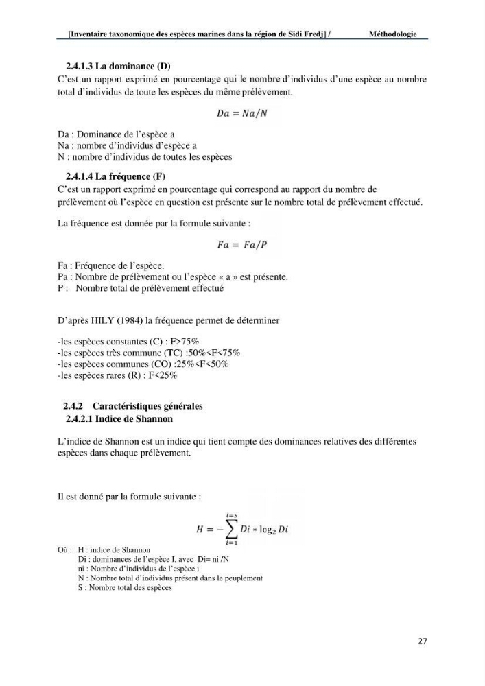 Inventaire taxonomique des espèces marines de la région du Sidi Fredj: