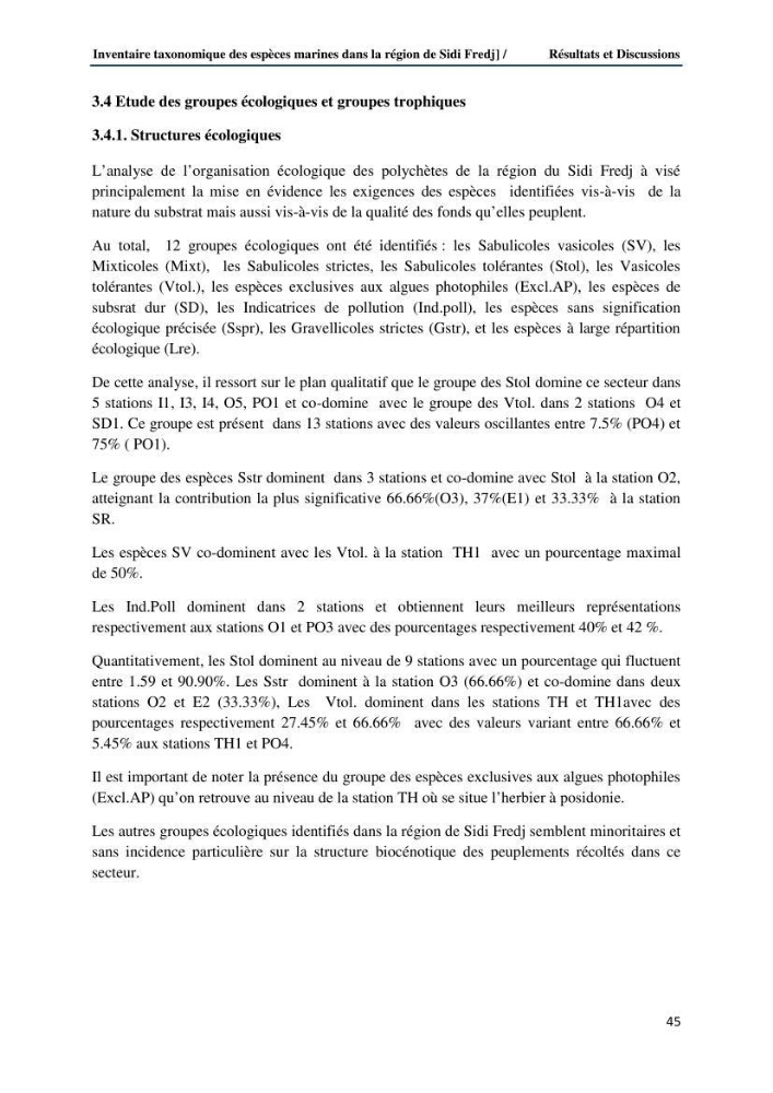 Inventaire taxonomique des espèces marines de la région du Sidi Fredj: