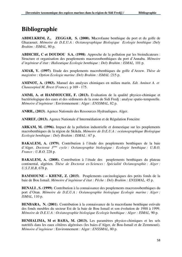 Inventaire taxonomique des espèces marines de la région du Sidi Fredj: