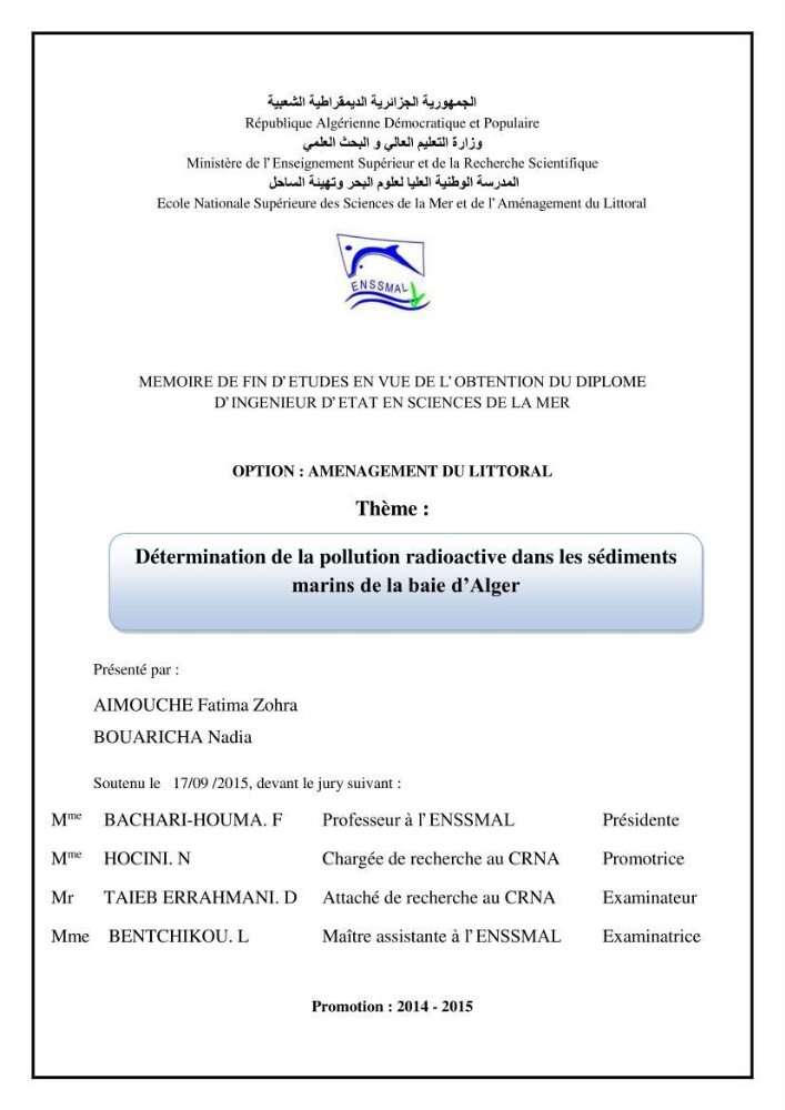 Détermination de la pollution radioactive dans les sédiments marins de la baie d\'Alger