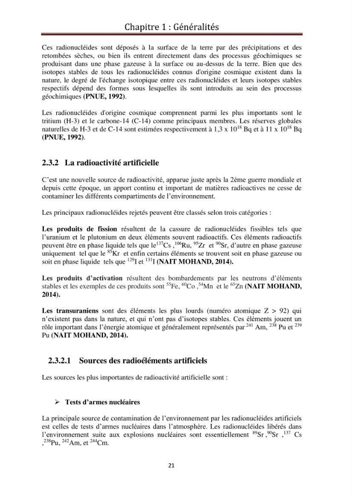 Détermination de la pollution radioactive dans les sédiments marins de la baie d\'Alger