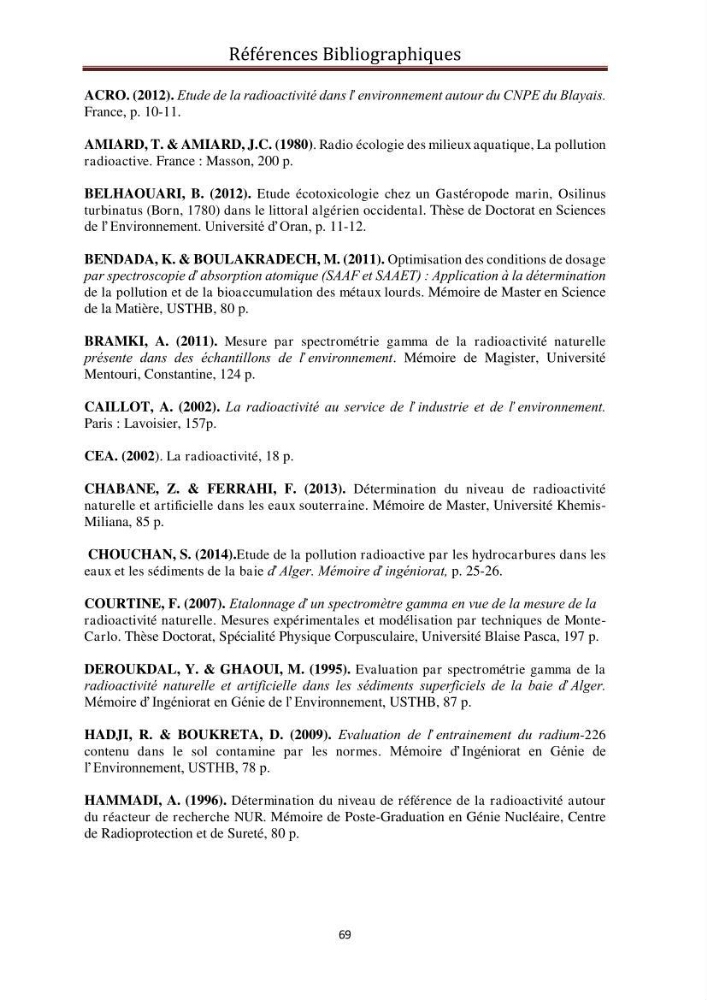 Détermination de la pollution radioactive dans les sédiments marins de la baie d\'Alger