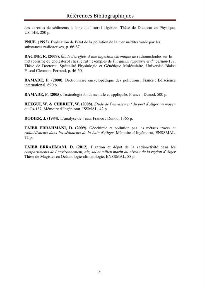 Détermination de la pollution radioactive dans les sédiments marins de la baie d\'Alger