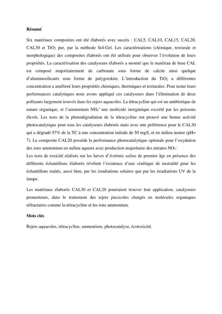 Etude du procédé hybride couplant l’adsorption et la photocatalyse. Application au traitement des effluents issus des fermes piscicoles.