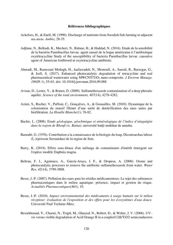 Etude du procédé hybride couplant l’adsorption et la photocatalyse. Application au traitement des effluents issus des fermes piscicoles.