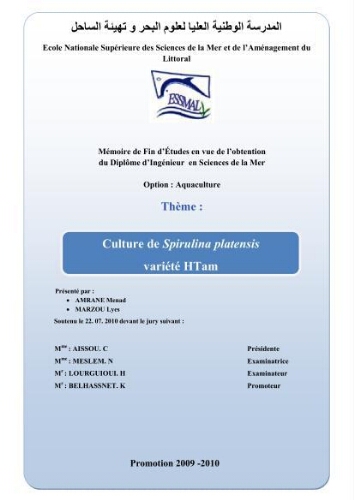 Culture de Spirulina platensis variété HTam: Culture de Spirulina platensis variété HTam: