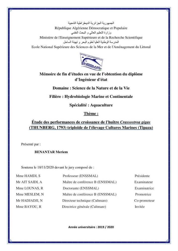 Etude des performances de croissance de l\'huître Crassostrea gigas (THUNBERG, 1793) triploïde de l\'élevage Cultures Marines (Tipaza):