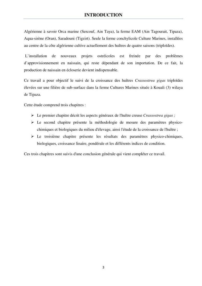 Etude des performances de croissance de l\'huître Crassostrea gigas (THUNBERG, 1793) triploïde de l\'élevage Cultures Marines (Tipaza):