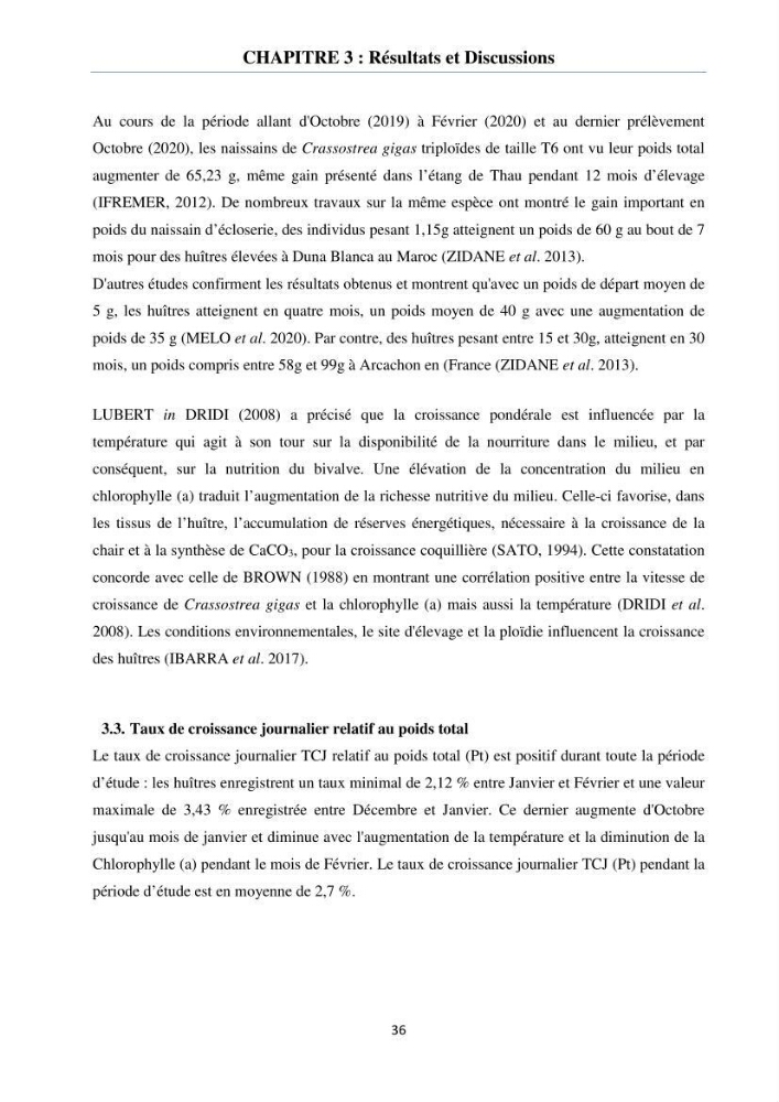 Etude des performances de croissance de l\'huître Crassostrea gigas (THUNBERG, 1793) triploïde de l\'élevage Cultures Marines (Tipaza):