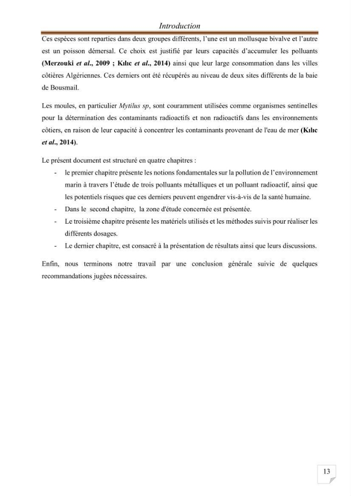 Evaluation de l’activité du Polonium-210 et niveaux des éléments de trace métalliques (Hg, Pb et Cd) dans le biote (Poissons comestibles et fruits de mer), risque sur la santé de l’homme