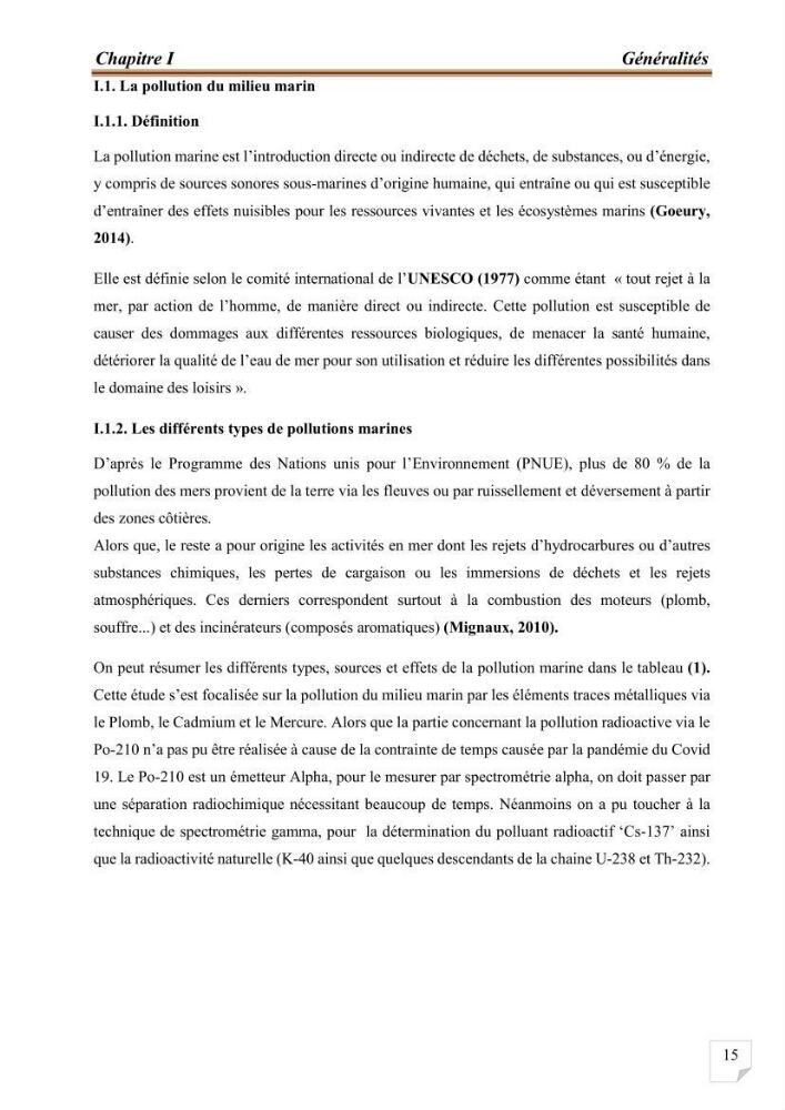 Evaluation de l’activité du Polonium-210 et niveaux des éléments de trace métalliques (Hg, Pb et Cd) dans le biote (Poissons comestibles et fruits de mer), risque sur la santé de l’homme