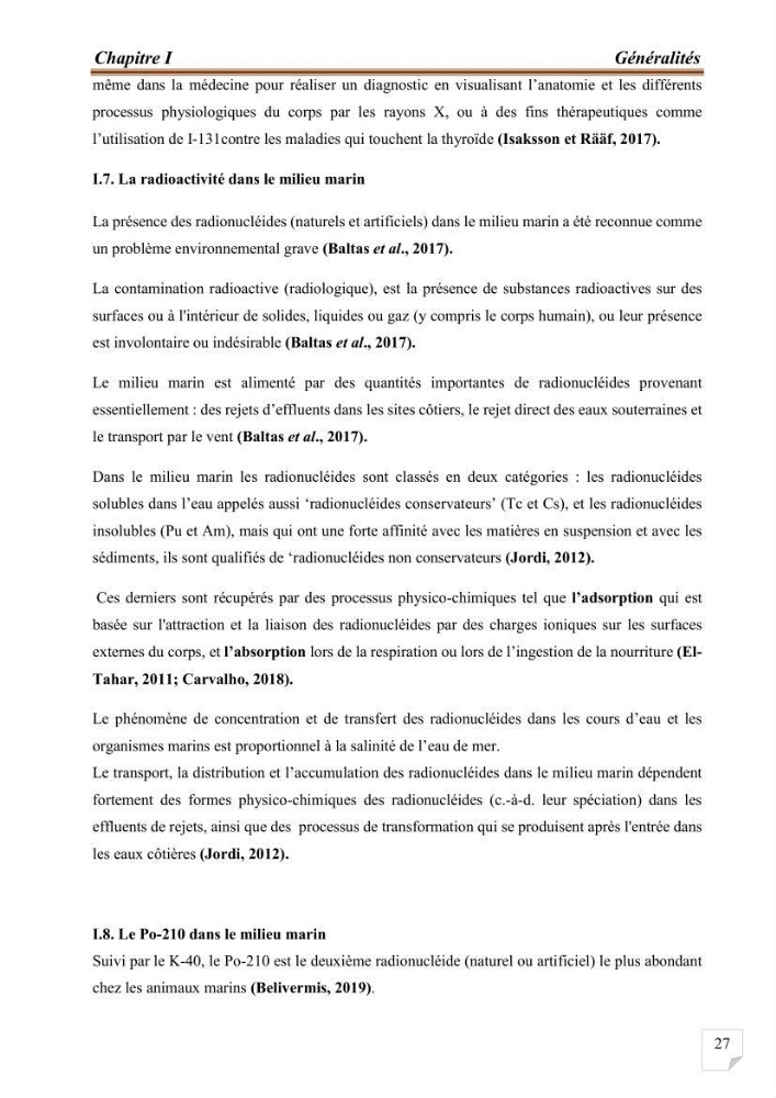 Evaluation de l’activité du Polonium-210 et niveaux des éléments de trace métalliques (Hg, Pb et Cd) dans le biote (Poissons comestibles et fruits de mer), risque sur la santé de l’homme