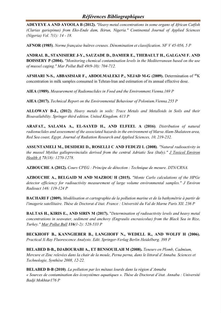 Evaluation de l’activité du Polonium-210 et niveaux des éléments de trace métalliques (Hg, Pb et Cd) dans le biote (Poissons comestibles et fruits de mer), risque sur la santé de l’homme