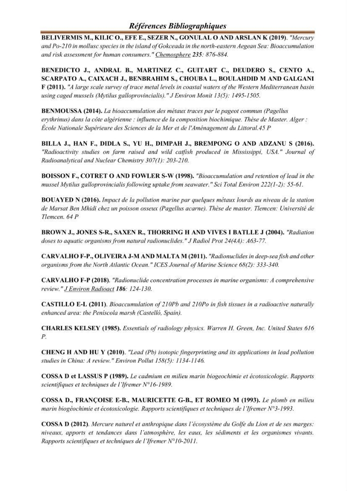 Evaluation de l’activité du Polonium-210 et niveaux des éléments de trace métalliques (Hg, Pb et Cd) dans le biote (Poissons comestibles et fruits de mer), risque sur la santé de l’homme