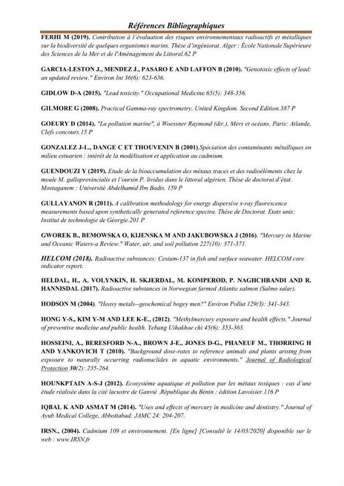 Evaluation de l’activité du Polonium-210 et niveaux des éléments de trace métalliques (Hg, Pb et Cd) dans le biote (Poissons comestibles et fruits de mer), risque sur la santé de l’homme