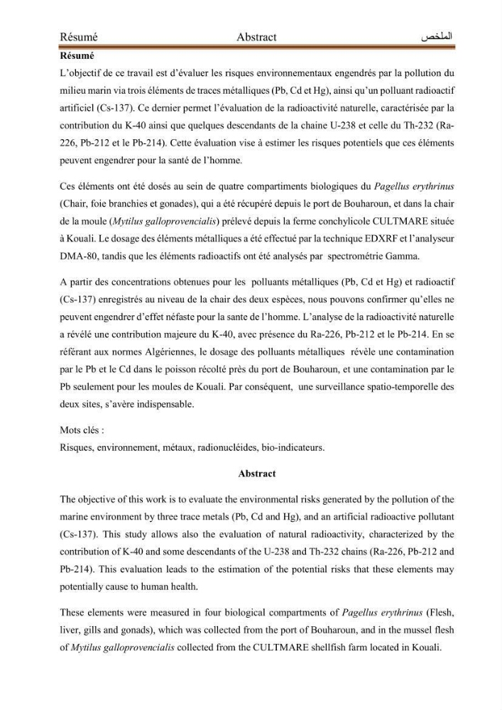 Evaluation de l’activité du Polonium-210 et niveaux des éléments de trace métalliques (Hg, Pb et Cd) dans le biote (Poissons comestibles et fruits de mer), risque sur la santé de l’homme