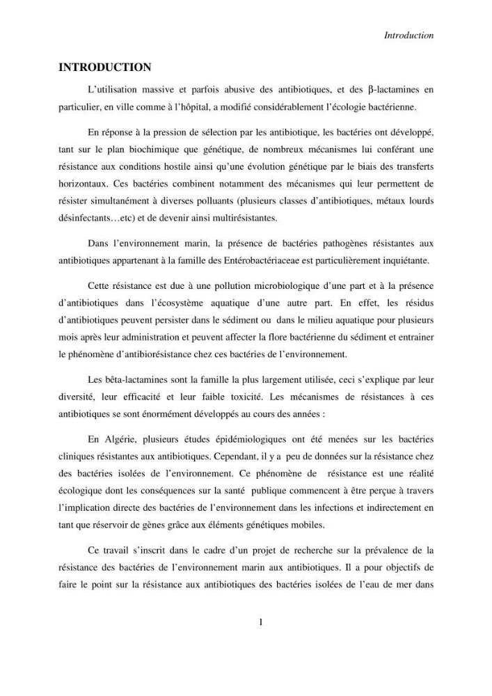 Prévalence et caractérisation de la résistance aux béta-lactamines chez des bactéries de l\'environnement marin