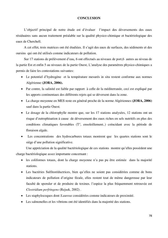 Détermination de l\'influence des rejets des eaux usées brutes sur la qualité bactériologique et physicochimique des eaux de mer. Cas d\'el katter (aproximité de port de cherchell, wilaya de Tipaza