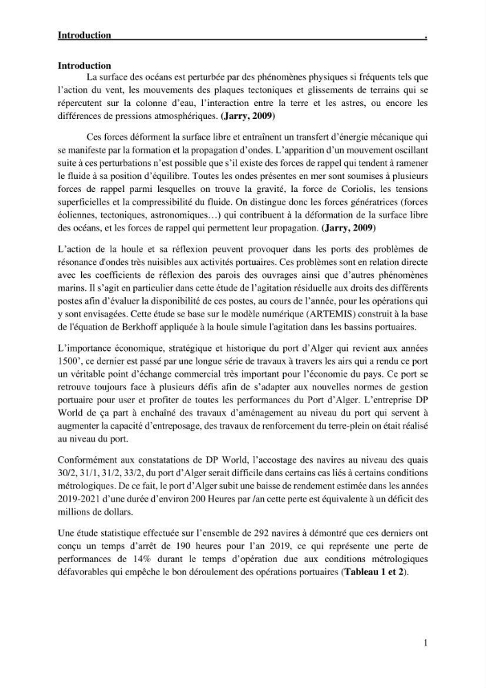 Etude hydrodynamique et d\'agitation portuaire: cas du port d\'Alger