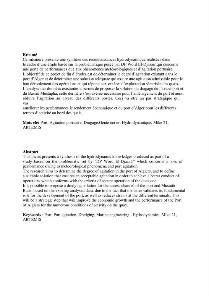 Etude hydrodynamique et d\'agitation portuaire: cas du port d\'Alger