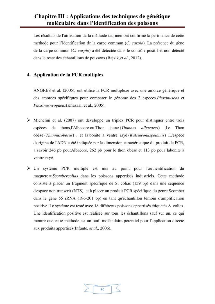 Recherche bibliographique sur les techniques de génétique moléculaire et leurs applications dans l\'identification des especes de poissons