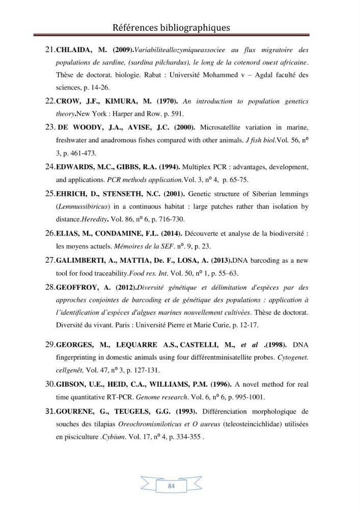Recherche bibliographique sur les techniques de génétique moléculaire et leurs applications dans l\'identification des especes de poissons