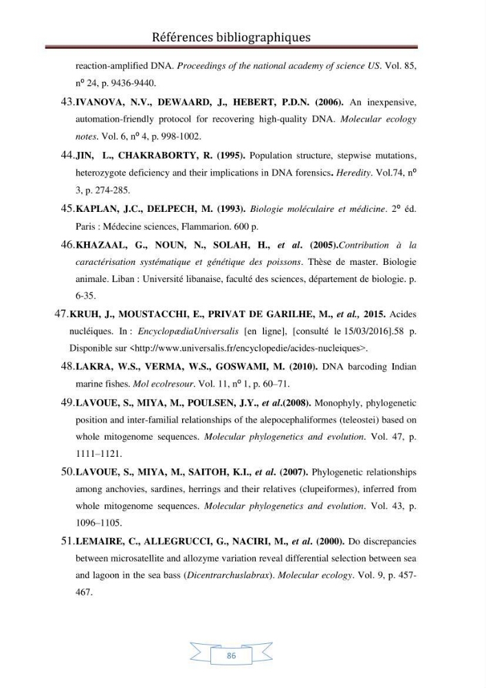 Recherche bibliographique sur les techniques de génétique moléculaire et leurs applications dans l\'identification des especes de poissons